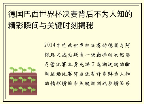 德国巴西世界杯决赛背后不为人知的精彩瞬间与关键时刻揭秘