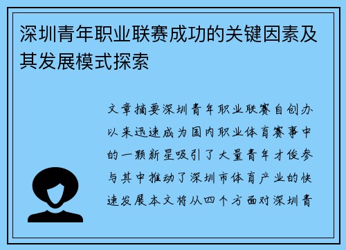 深圳青年职业联赛成功的关键因素及其发展模式探索